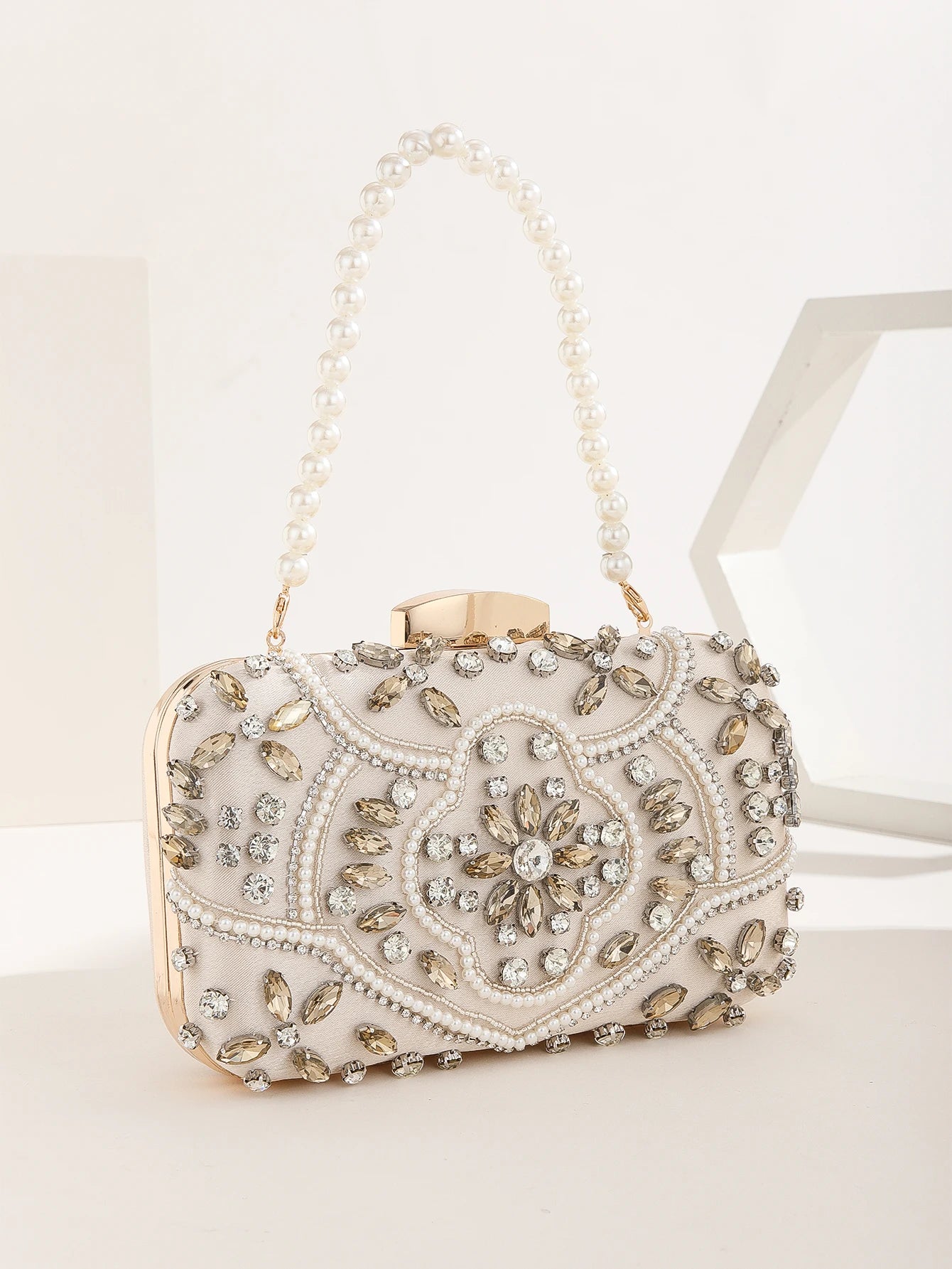 Pearl diamond-studded rhinestones beaded flower pattern evening clutch bag