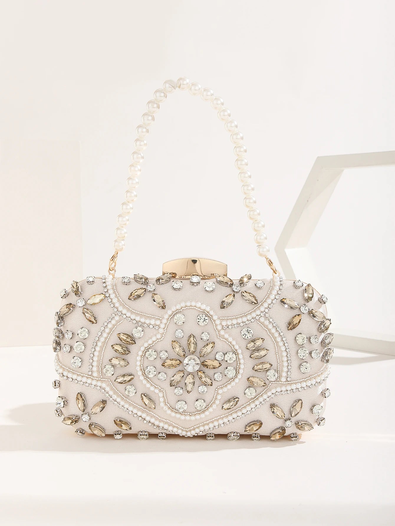 Pearl diamond-studded rhinestones beaded flower pattern evening clutch bag